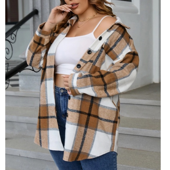 Plus Plaid Print Button Down jacket Shacket - Picture 8 of 10